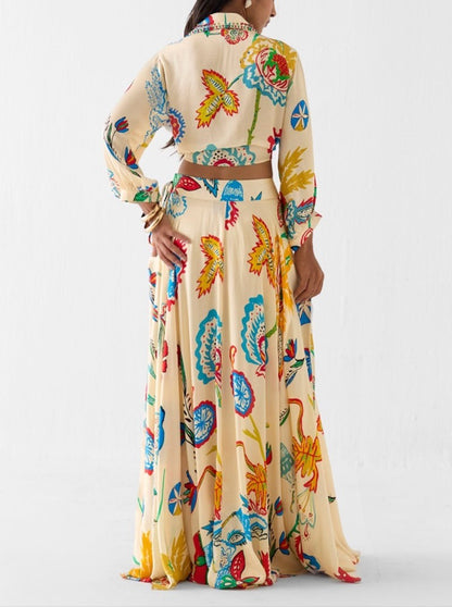 Cream floral hand block printed maxi skirt set