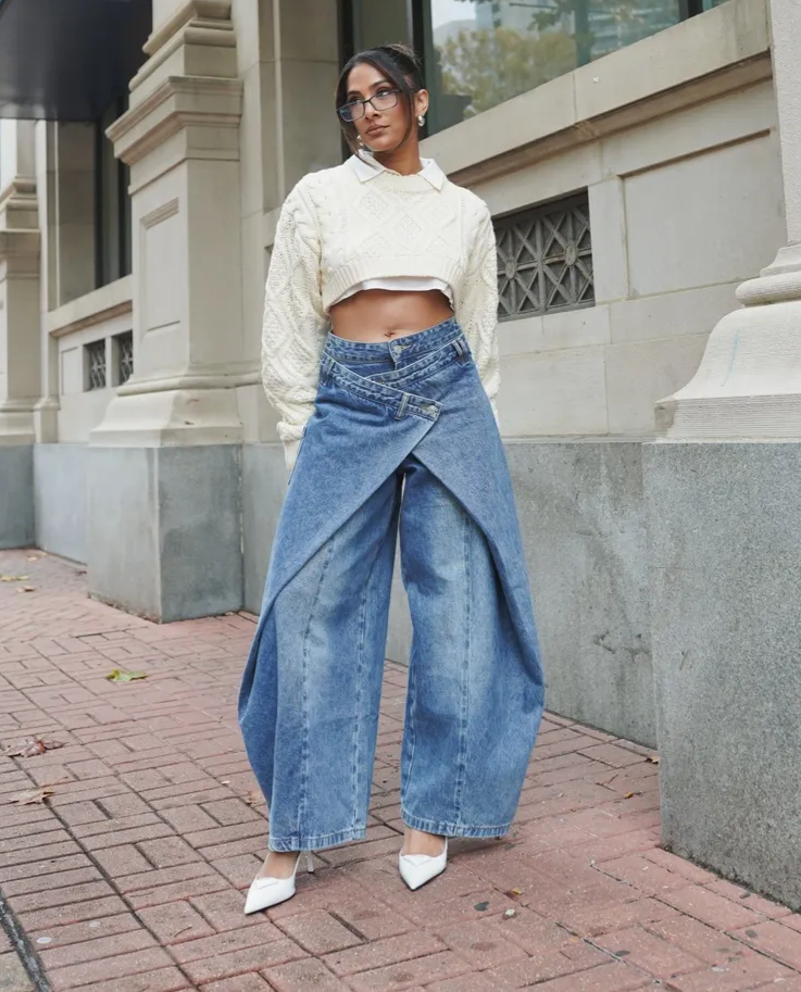 Cross-Front Wide-Leg Jeans