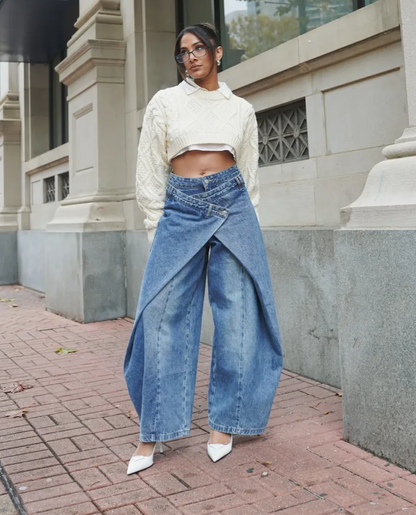 Cross-Front Wide-Leg Jeans