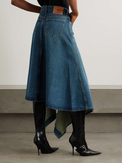 Evergreen cutout organic denim midi skirt